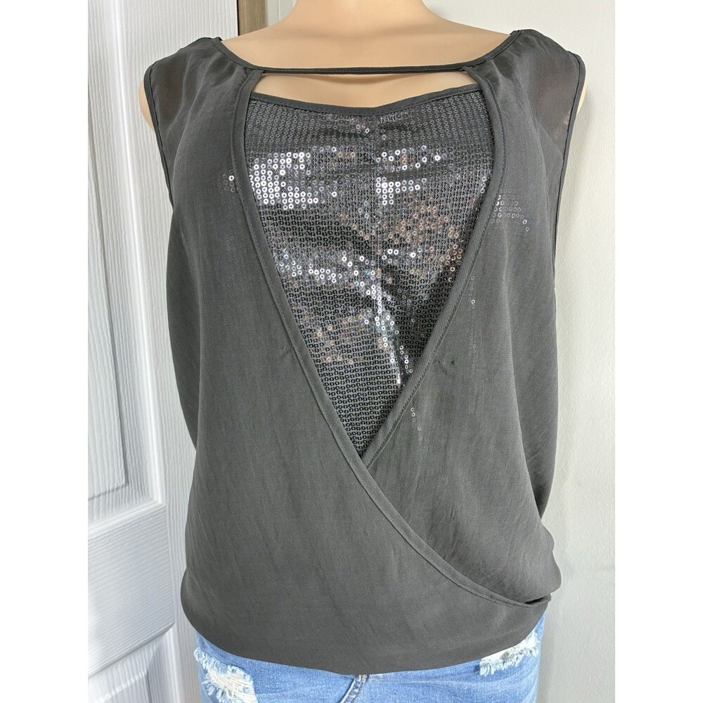 Ya Los Angeles Y2K Sequin Sheer Blouse Women Sz L Gray layered  Disco Party